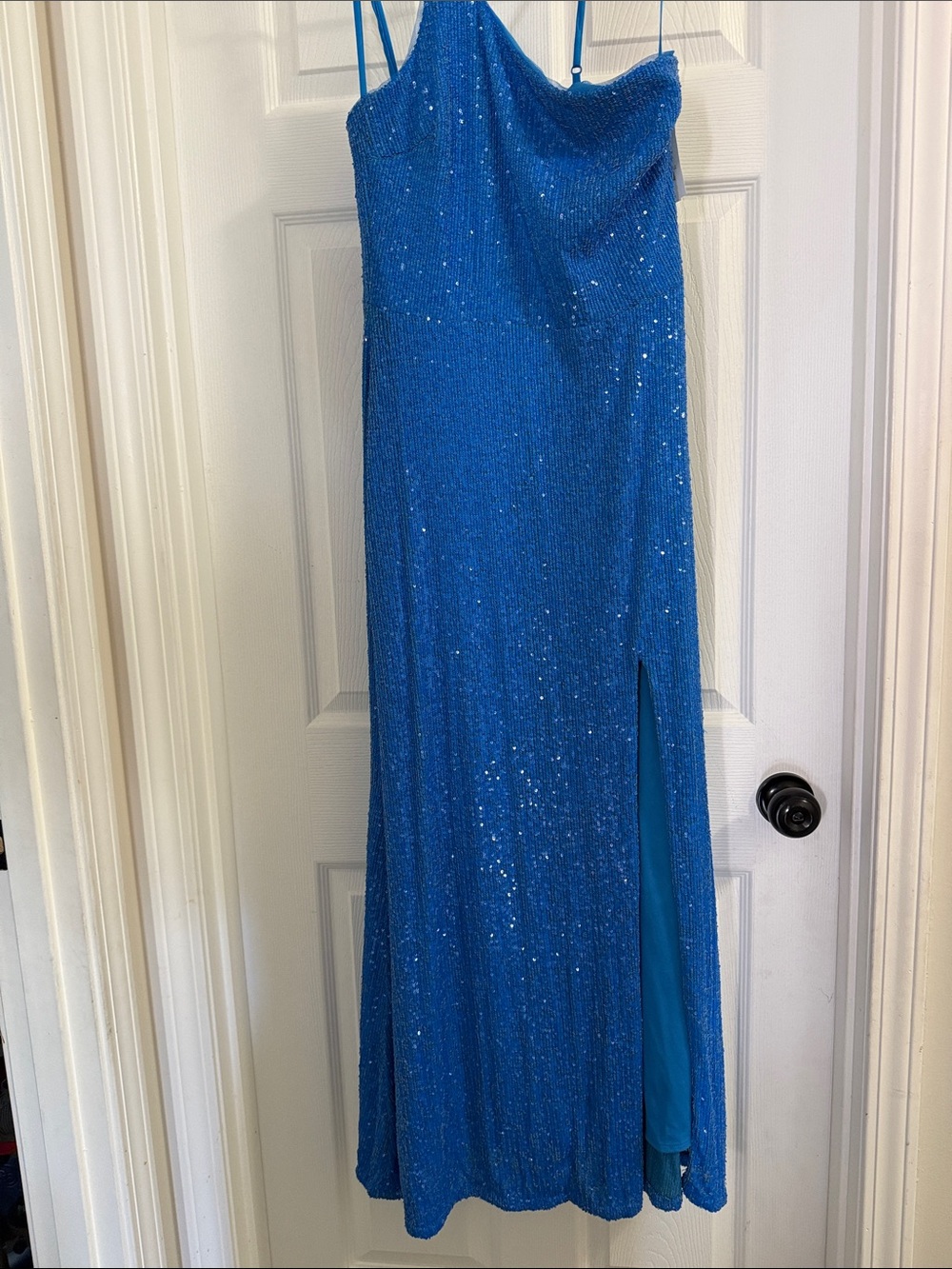 Xscape Royal Blue Sequin Maxi Dress with Side Slit